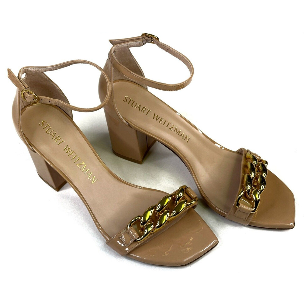Stuart Weitzman Amelina Golden Chain Block Heel S… - image 1